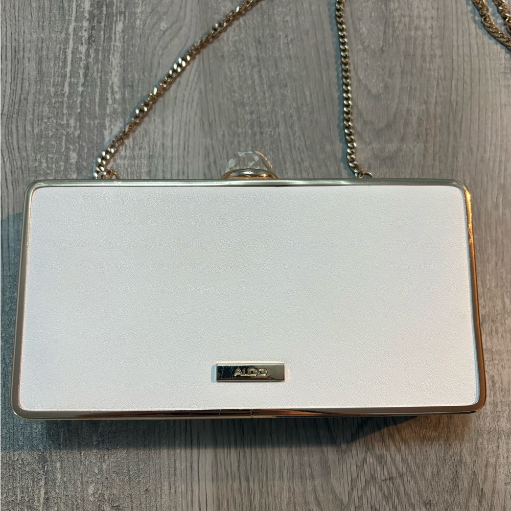 Aldo White and Gold 'Miss-2-Mrs' License Plate Clutch - Picture 4 of 7